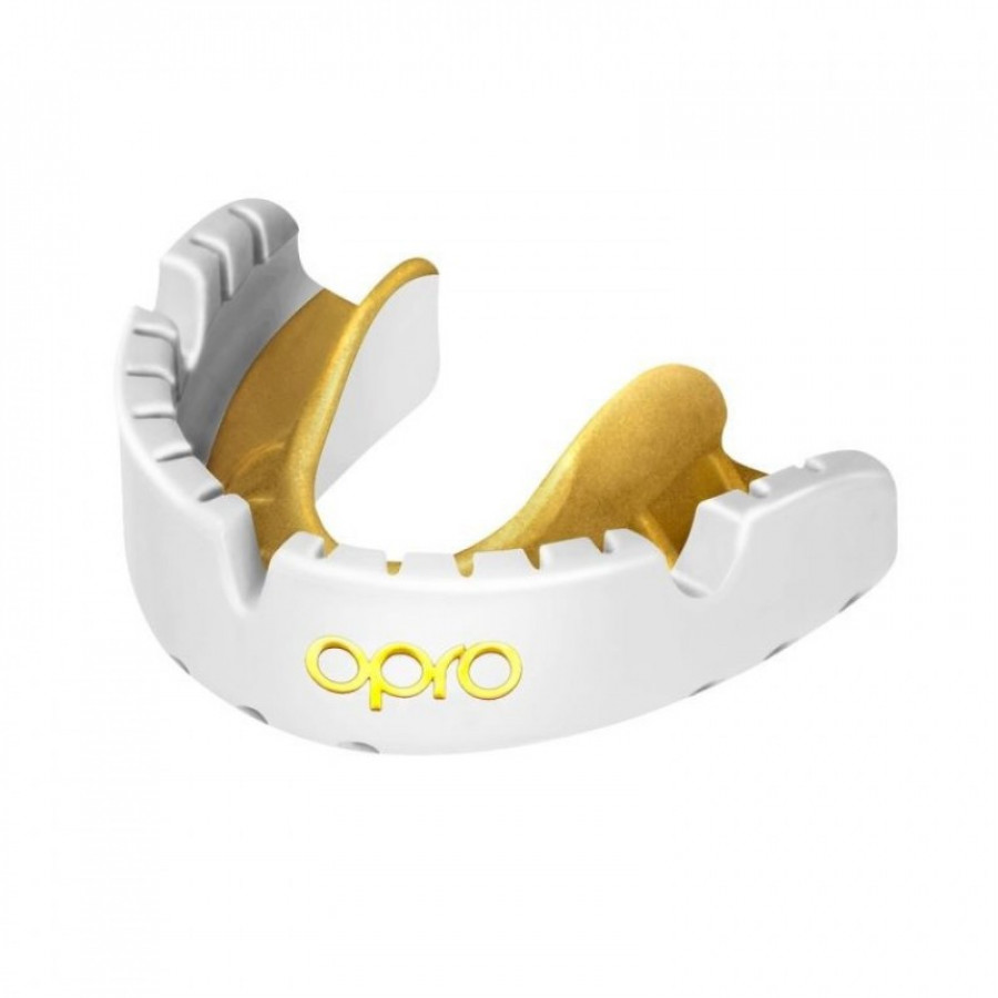 Капа OPRO Gold Braces под брекеты, Взрослая (возраст 11+) White/Gold, Посадка: кипячение и компрессионная клетка, Медицинский полимер, Гель Hi-Flow, Бело-золотой