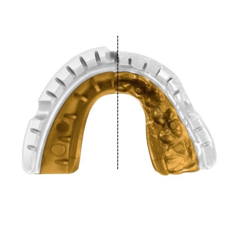 Капа OPRO Gold Braces під брекети, Доросла (вік 11+) White/Gold, Посадка: кип’ятіння та компресійна клітка, Медичний полімер, Гель Hi-Flow, Біло-золотий