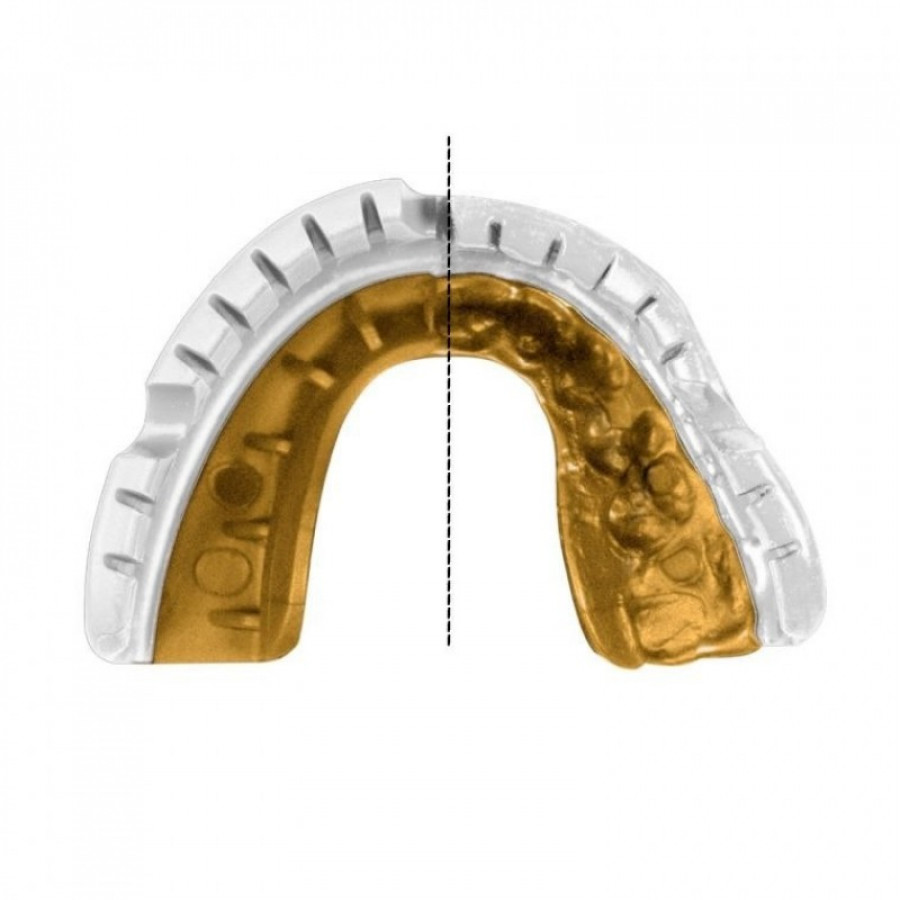 Капа OPRO Gold Braces под брекеты, Взрослая (возраст 11+) White/Gold, Посадка: кипячение и компрессионная клетка, Медицинский полимер, Гель Hi-Flow, Бело-золотой