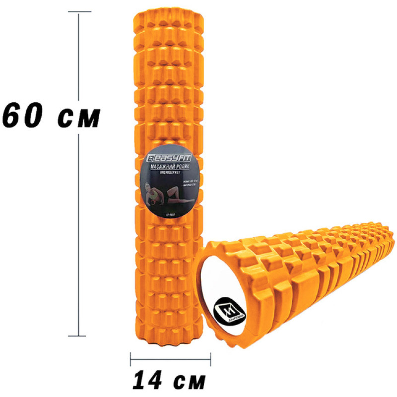 Масажний ролик (валик) EasyFit Grid Roller v.3.1, Довжина 60 см, Діаметр 14 см, Каркас із високоміцного пластику, Піна EVA з масажною поверхнею 3D, для МФР, фітнесу, йоги та реабілітації, Помаранчевий