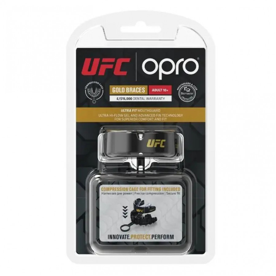Капа OPRO Gold Braces под брекеты, Взрослая (возраст 11+)  Blackl/Silver, Посадка: кипячение и компрессионная клетка, Медицинский полимер, Гель Hi-Flow, Черно-серебристый