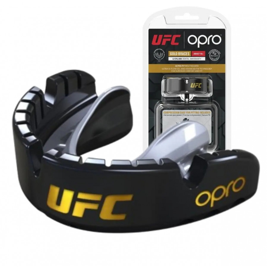 Капа OPRO Gold Braces под брекеты, Взрослая (возраст 11+)  Blackl/Silver, Посадка: кипячение и компрессионная клетка, Медицинский полимер, Гель Hi-Flow, Черно-серебристый