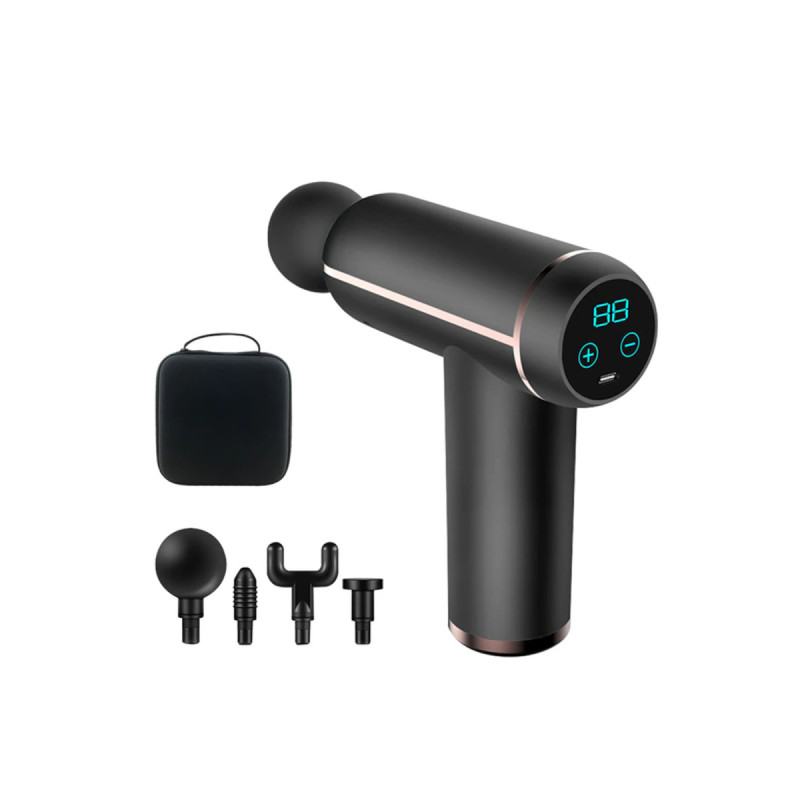 Массажный пистолет EasyFit Impact (портативный вибромассажер для тела) с 4 насадками, 32 уровня интенсивности, Сенсорный дисплей, Черный, Для глубокого мышечного массажа, облегчения боли, восстановления после тренировок