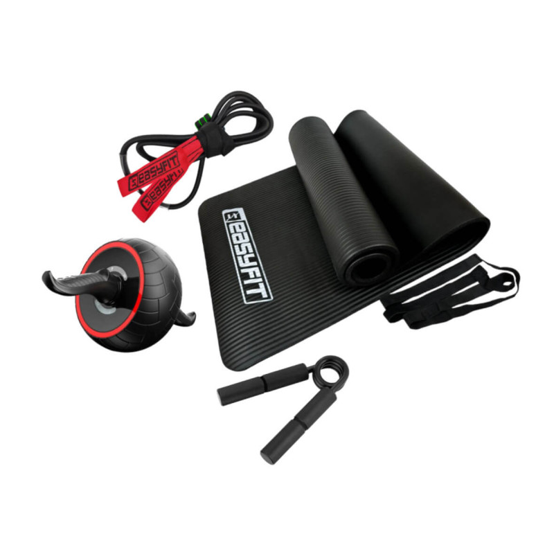 Набір для фітнесу: Килимок EasyFit 180x60 см, товщина 10 мм, NBR + Ролик для преса EasyFit Ab Carver Compact + Кистьовий еспандер EasyFit Hand Grip PRO 160 кг (350 lb) + Гумова петля-еспандер EasyFit, довжина 300 см, опір 22-80 кг