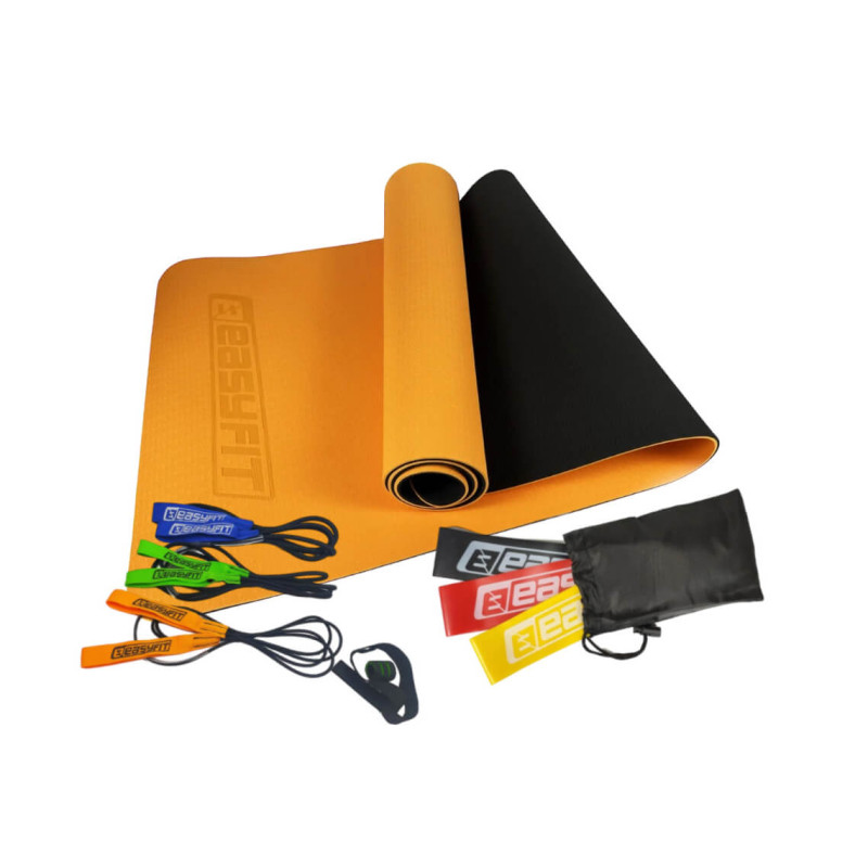Набір для фітнесу EasyFit: Двошаровий килимок 183x61 см, товщина 6 мм, TPE/TC + Гумові петлі-еспандер 3 шт, Опір 1-40 кг, Довжина 300 см, Товщина 4, 6, 8 + Гумові кільця 3 шт, Опір 9-18 кг, Довжина 60 см, Ширина 5 см
