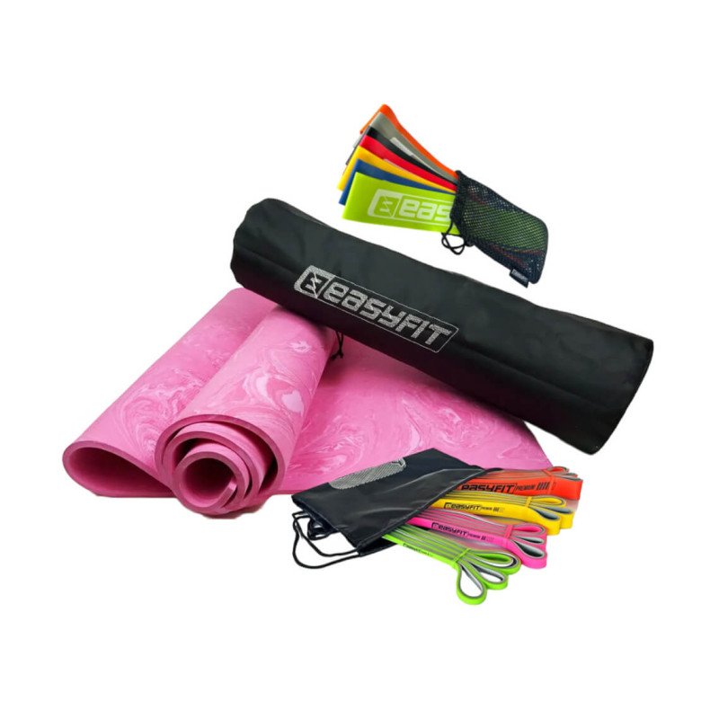 Набір для фітнесу EasyFit: Premium Mat килимок з чохлом, 183x61 см, товщина 8 мм, PER + Двошарові гумки Premium 4 шт, опір 2-45 кг, латекс + Гумові кільця 7 шт, опір 2,5-30 кг, латекс