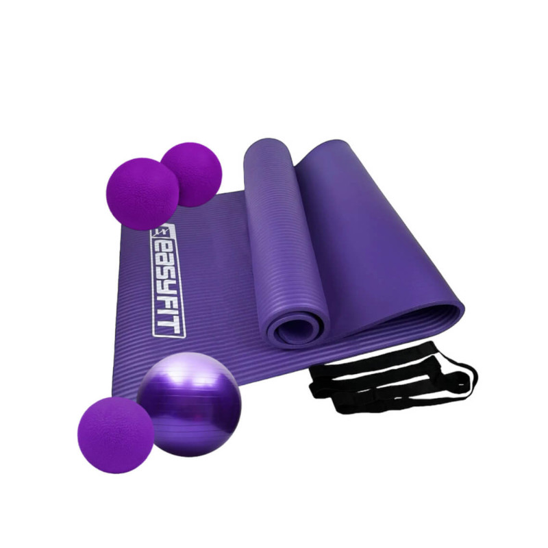 Набір для фітнесу EasyFit: Килимок для фітнесу 180x60 см, товщина 10 мм, NBR + М'яч для фітнесу, Діаметр 65 см, ПВХ + Подвійний масажний м'яч, Довжина 12 см, Діаметр 6 см, TPR + Масажний м'ячик, Діаметр 6 см, TPR