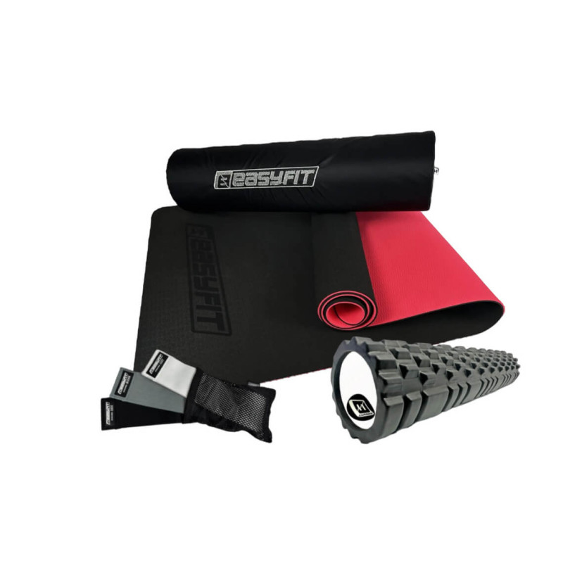 Набір для фітнесу EasyFit: Двошаровий килимок з чохлом, 183x61 см, товщина 6 мм, TPE/TC + Масажний ролик Grid Roller v.3.1, Довжина 60 см, Діаметр 14 см, пластик, EVA + Тканинні гумки 3 шт, Довжина 76 см, Ширина 8 см, Бавовна з териленом