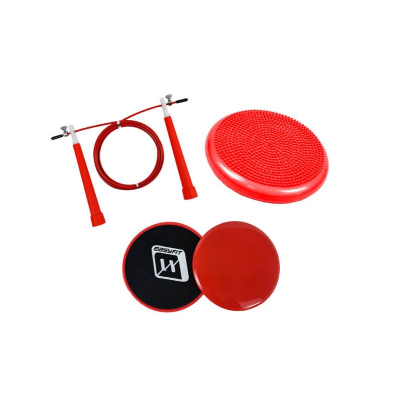 Набір для фітнесу EasyFit: Швидкісна скакалка Speed Cable Rope, 3 м, Сталь, Пластик + Балансувальна масажна подушка, Діаметр 33 см, Гума + Диски для глайдингу (пара), Діаметр 18 см, Пластик