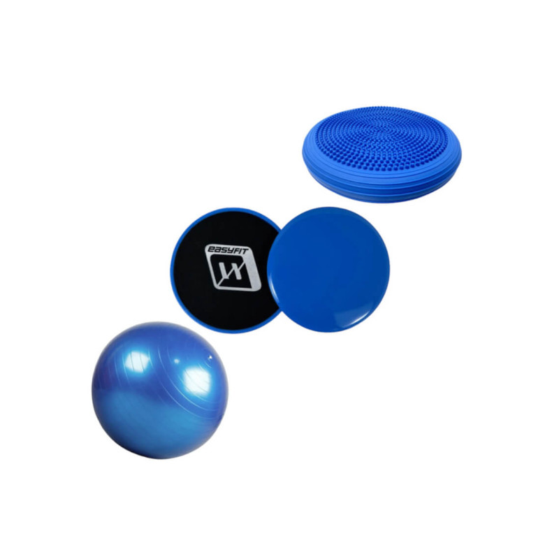 Набір для фітнесу EasyFit: М'яч для фітнесу, Діаметр 55 см, Максимальне навантаження 120 кг, ПВХ + Балансувальна масажна подушка, Діаметр 33 см, Гума + Диски для глайдингу (пара), Діаметр 18 см, Пластик