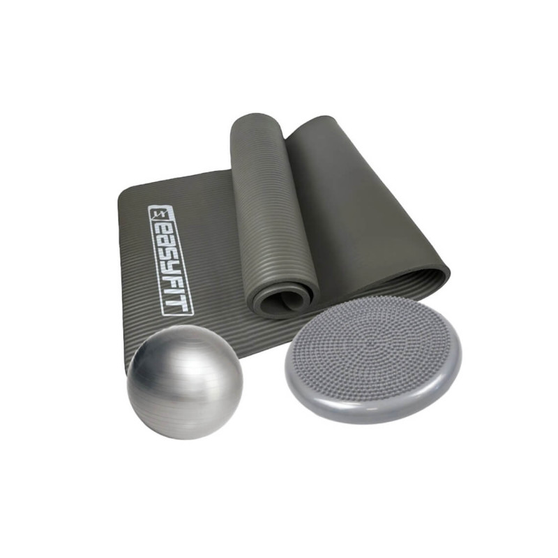 Набір для фітнесу EasyFit: Килимок 180x60 см, товщина 10 мм, NBR + М'яч для фітнесу, Діаметр 65 см, Навантаження 120 кг, ПВХ + Балансувальна масажна подушка, Діаметр 33 см, Максимальне навантаження 120 кг, Гума