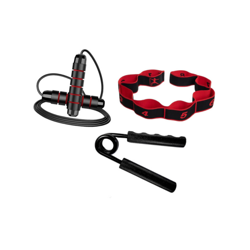 Набір для фітнесу: Скакалка EasyFit швидкісна, тренажер для боксу та гімнастики + Кистьовий еспандер EasyFit Hand Grip PRO 75 кг + Еспандер стрічковий EasyFit з петлями, довжина 90 см, ширина 5 см, поліестер та еластан