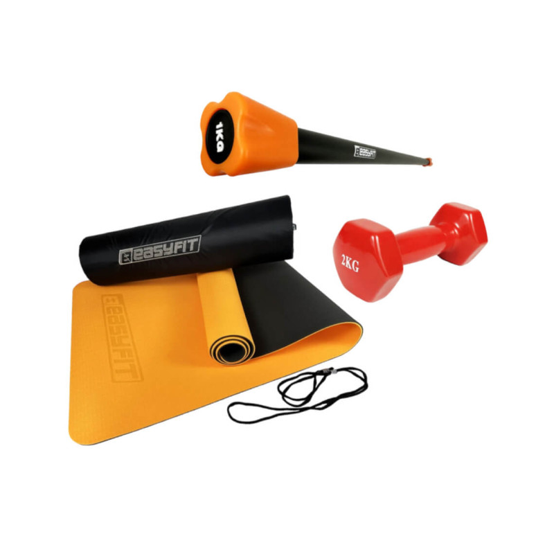Набір для фітнесу: Бодібар (Body Bar) EasyFit (палиця гімнастична) 1 кг + Гантель для фітнесу EasyFit з вініловим покриттям 2 кг + Двошаровий килимок EasyFit для пілатесу, фітнесу та йоги з чохлом, 183x61 см, товщина 6 мм, TPE/TC