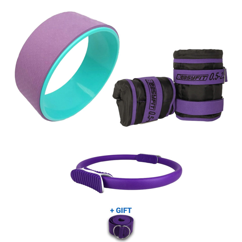 Набор для йоги и пилатеса EasyFit "Гармония движения 4в1". Состав набора: Утяжелители для ног и рук EasyFit (наборные, пара), колесо для йоги, кольцо для пилатеса + ремень для йоги в подарок