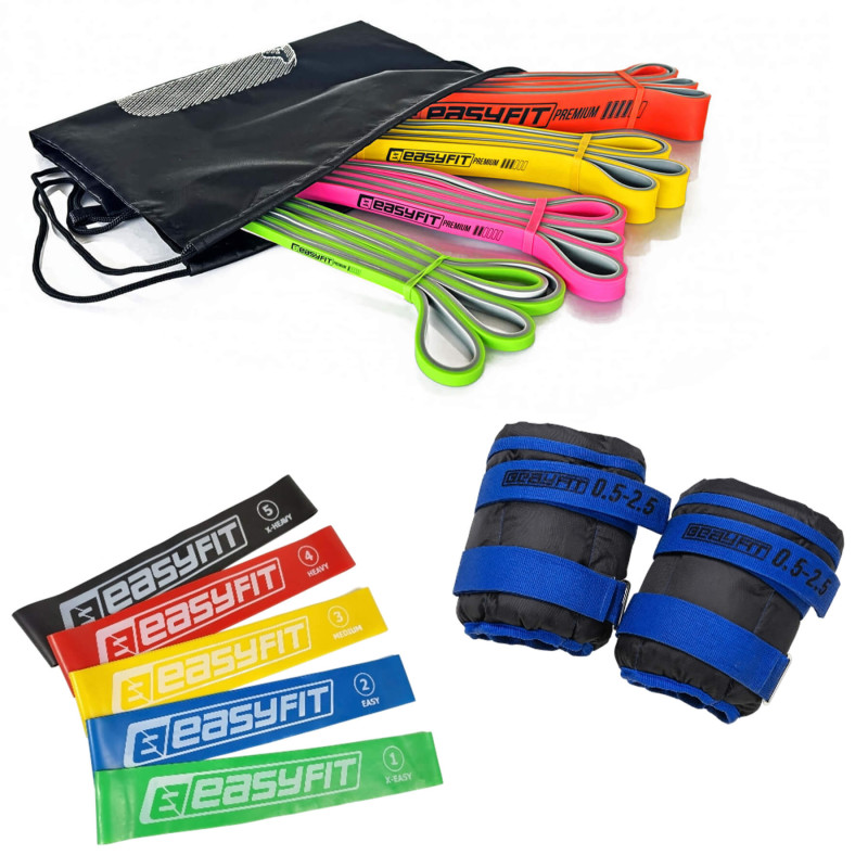 Набор для фитнеса EasyFit №2 "Power Flex 3в1". Состав набора: наборные утяжелители для ног и рук EasyFit (вес 0,5-2,5 кг) + резиновые петли EasyFit Premium (4в1) + резиновые кольца (эспандеры) EasyFit (5в1)