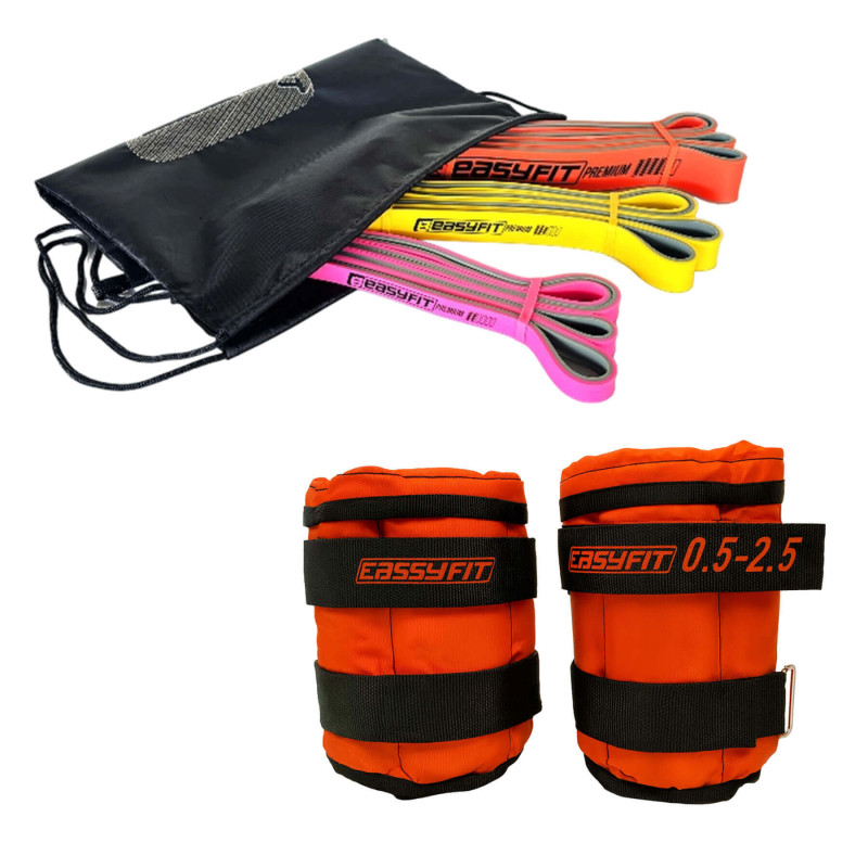 Набор для комплексных тренировок EasyFit "Pro Fit 2в1". Состав набора: двухслойные резиновые петли EasyFit (3в1), сопротивление 7-45 кг + наборные утяжелители  для ног и рук EasyFit (вес 0,5-2,5 кг)