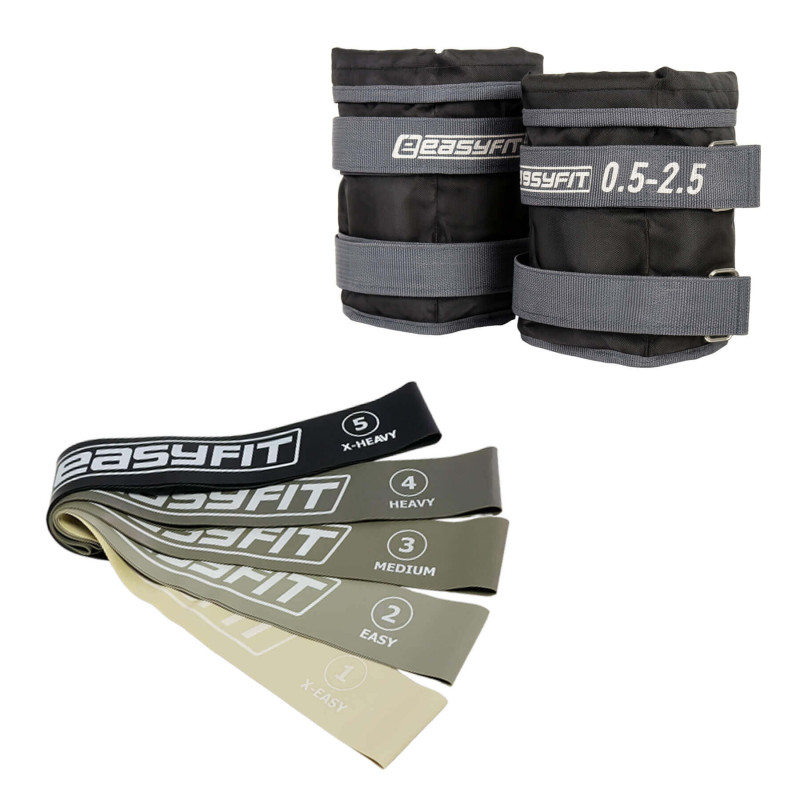 Набор для комплексных тренировок EasyFit "Balance Flow 2в1". Состав набора: резиновые кольца EasyFit MonoBand (5в1), сопротивление 2,5-20 кг + наборные утяжелители для ног и рук EasyFit (вес 0,5-2,5 кг)