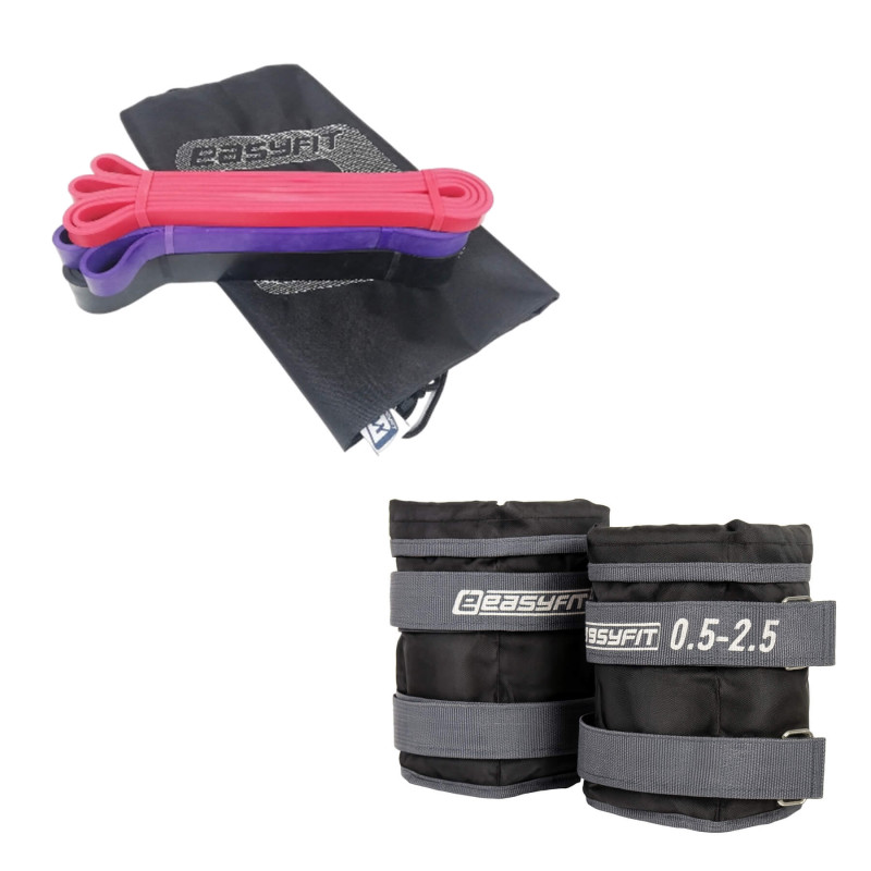 Набор для комплексных тренировок EasyFit "Ритм тела 2в1". Состав набора: резиновые петли EasyFit (3в1), сопротивление 2-45 кг + наборные утяжелители для ног и рук EasyFit (вес 0,5-2,5 кг), Серый