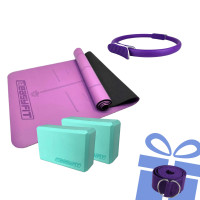 Набір для йоги №2 "Гнучкість і баланс PRO 4в1". Склад набору: професійний килимок, 2 блоки для йоги, кільце для пілатесу + ремінь у подарунок