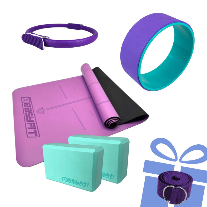Набір для йоги "Гнучкість і баланс PRO 5в1". Склад набору: професійний килимок, 2 блоки для йоги, колесо для розтяжки, кільце для пілатесу + ремінь у подарунок
