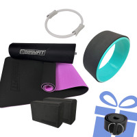 Набір для йоги "Сила і гнучкість PRO 5в1". Склад набору: килимок, 2 блоки для йоги, колесо для розтяжки, кільце для пілатесу + ремінь у подарунок