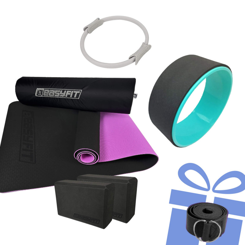Набір для йоги "Сила і гнучкість PRO 5в1". Склад набору: килимок, 2 блоки для йоги, колесо для розтяжки, кільце для пілатесу + ремінь у подарунок