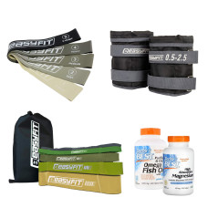 Набор "Комбо СЕТ здоровья 5в1". Состав набора: утяжелители для ног и рук, резиновые кольца MonoBand (5в1), резиновые петли Ranger (5в1), омега-3 (120 капсул) и магний (240 таблеток)