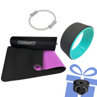 Набір для йоги №2  "Сила і гнучкість PRO 4в1". Склад набору: килимок, колесо для розтяжки, кільце для пілатесу + ремінь у подарунок