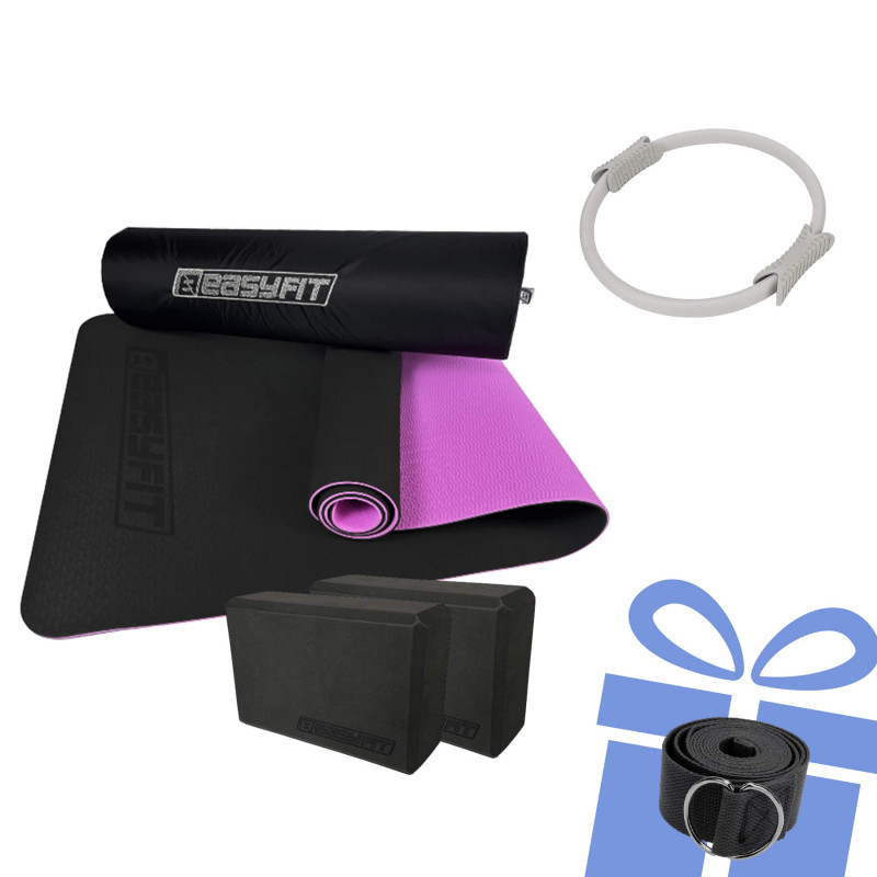 Набір для йоги №4 "Сила і гнучкість PRO 4в1". Склад набору: килимок, 2 блоки для йоги, кільце для пілатесу + ремінь у подарунок