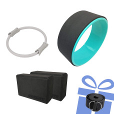 Набір для йоги №1  "Сила і гнучкість PRO 4в1". Склад набору: 2 блоки для йоги, колесо для розтяжки, кільце для пілатесу + ремінь у подарунок