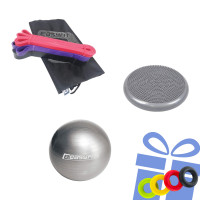 Набір для фітнесу №1 "Стійкість і витривалість PRO 4в1". Склад набору: балансувальна масажна подушка, фітбол, гумові петлі (3в1) + кистьовий еспандер у подарунок