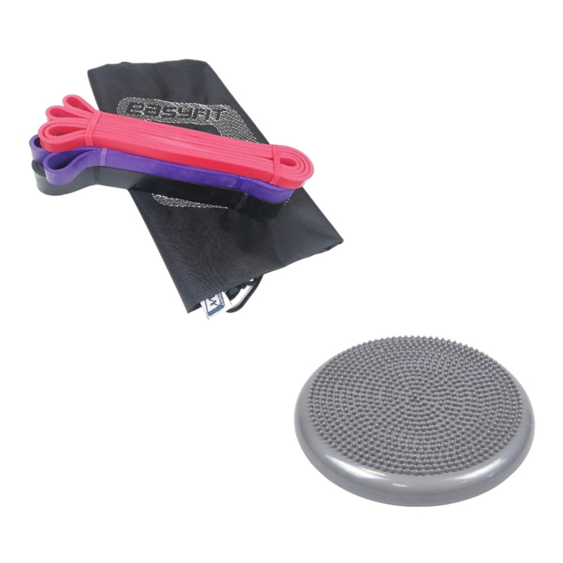 Набір для фітнесу №4 "Стійкість і витривалість PRO 2в1". Склад набору: балансувальна масажна подушка та гумові петлі (3в1)