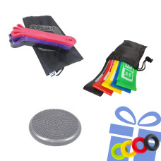 Набір для фітнесу №4 "Стійкість і витривалість PRO 4в1". Склад набору: балансувальна масажна подушка, гумові петлі (3в1), гумові кільця (5в1) + кистьовий еспандер у подарунок