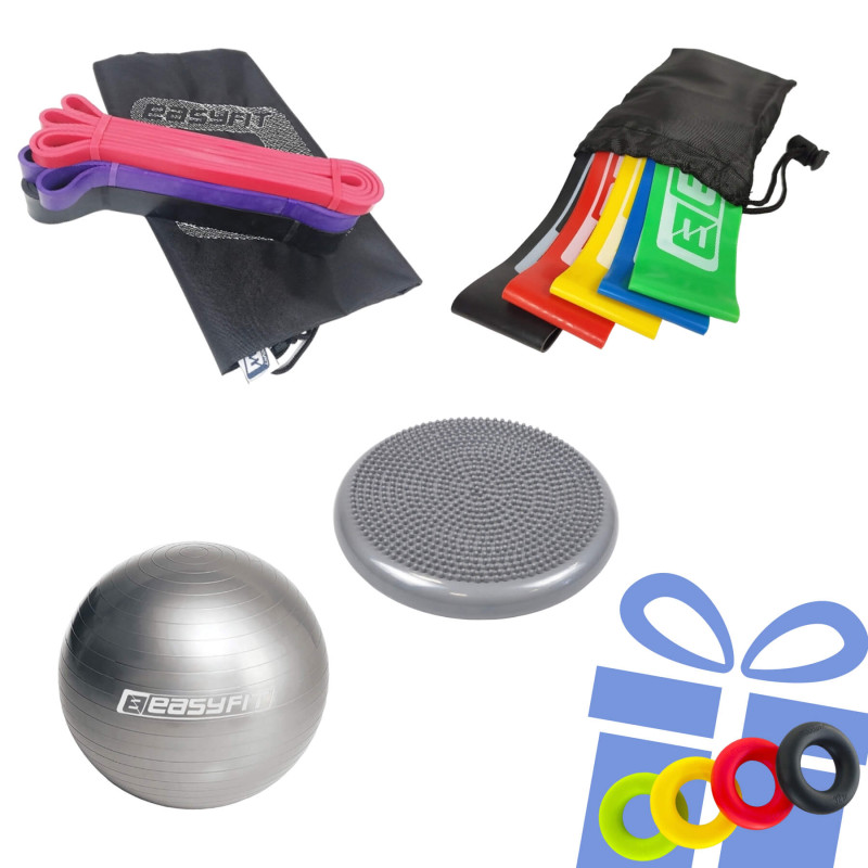 Набір для фітнесу "Стійкість і витривалість PRO 5в1". Склад набору: балансувальна масажна подушка, гумові петлі (3в1), фітбол, гумові кільця (5в1) + кистьовий еспандер у подарунок