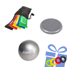 Набір для фітнесу №2 "Стійкість і витривалість PRO 4в1". Склад набору: балансувальна масажна подушка, фітбол, гумові кільця (5в1) + кистьовий еспандер у подарунок