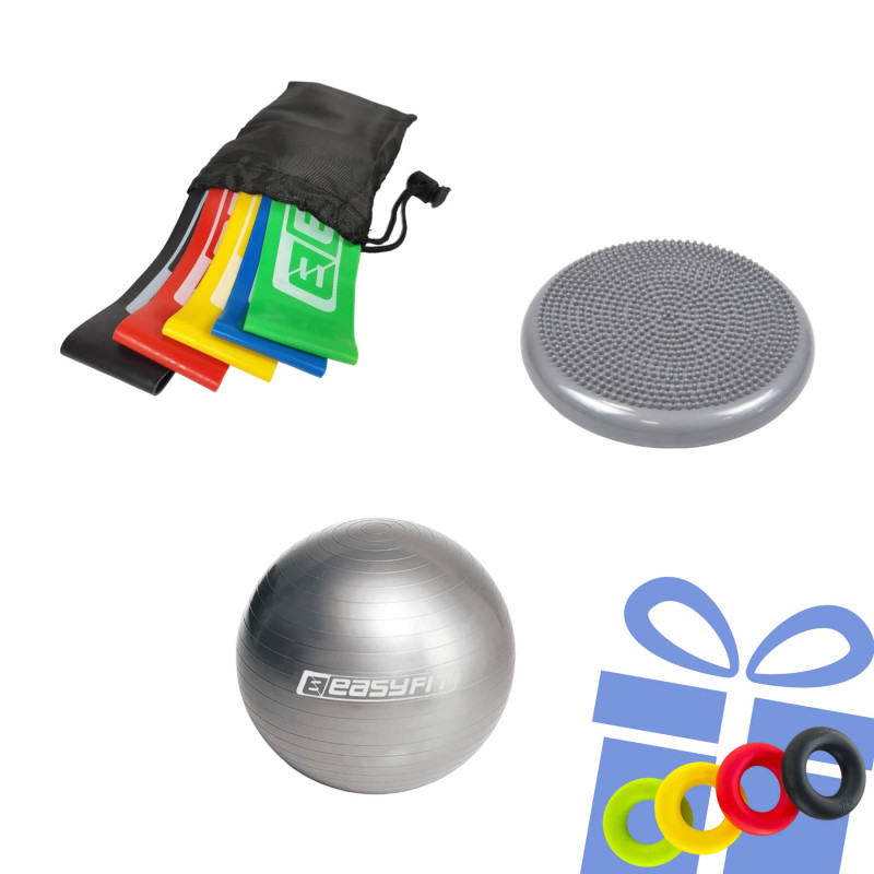 Набір для фітнесу №2 "Стійкість і витривалість PRO 4в1". Склад набору: балансувальна масажна подушка, фітбол, гумові кільця (5в1) + кистьовий еспандер у подарунок