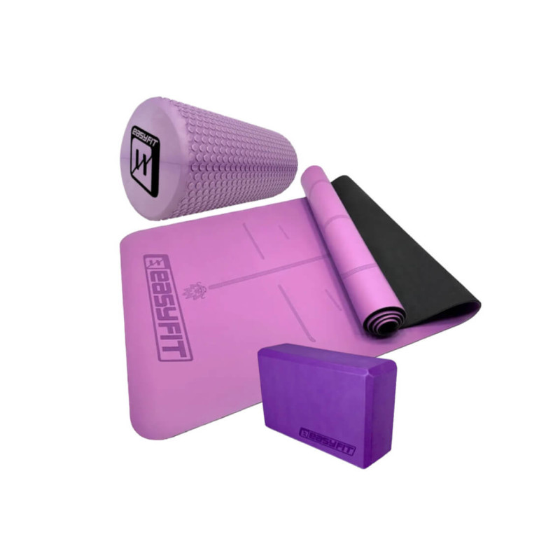 Набір для йоги: Професійний килимок EasyFit Pro 184x68 см, товщина 5 мм, каучук + Блок для йоги EasyFit EVA + Масажний ролик EasyFit Foam Roller, довжина 45 см, діаметр 15 см