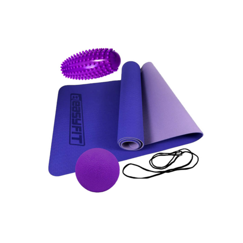 Набір для йоги: Двошаровий килимок EasyFit 183x61 см, товщина 6 мм, TPE/TC + Масажний м'ячик EasyFit TPR 6 см + Масажний ролик овальний EasyFit Almond з шипами, довжина 16 см, діаметр 6,5 см, ПВХ