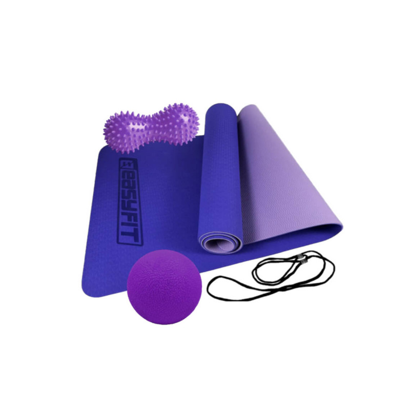 Набір для йоги: Двошаровий килимок EasyFit 183x61 см, товщина 6 мм, TPE/TC + Масажний м'ячик EasyFit TPR 6 см +  Масажний м'ячик EasyFit Goober з шипами, розмір 16 см, діаметр 6,5 см, PVC