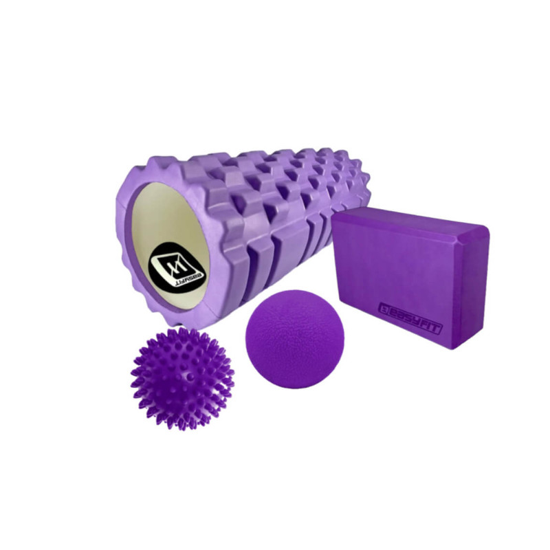Набір для йоги: Масажний ролик (валик) EasyFit Grid Roller Mini, довжина 30 см, діаметр 10 см + Блок для йоги EasyFit EVA 23х15,5 + Масажний м'ячик EasyFit TPR 6 см + Масажний м'ячик EasyFit PVC 9 см жорсткий