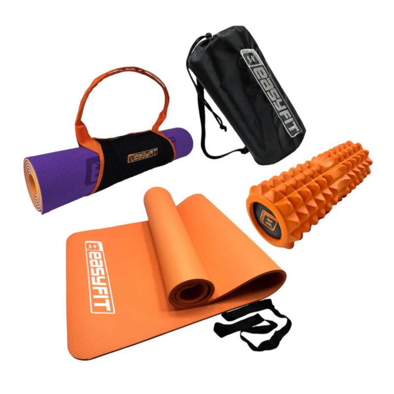 Набір для йоги: Килимок для фітнесу та йоги EasyFit NBR 180х60 см, товщина 10мм + Сумка-переноска для килимка + Масажний ролик EasyFit Solid Roller v.1.2s 33х13 см + Чохол для ролика