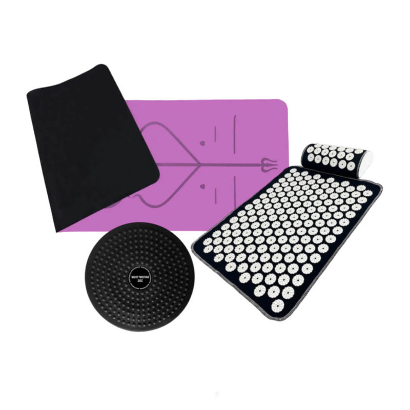 Набір для йоги: Професійний килимок EasyFit Pro, 184x68 см, товщина 5 мм, каучук + Диск здоров'я EasyFit Waist Twisting + Масажний килимок EasyFit (компактний аплікатор-накидка Кузнєцова) з подушкою