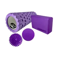 Набор для йоги: Массажный ролик (валик) EasyFit Grid Roller Mini, длина 30 см, диаметр 10 см + Блок для йоги EasyFit EVA 23х15,5 + Массажный мячик EasyFit TPR 6 см + Массажный мячик EasyFit PVC 9 см жесткий