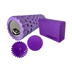 Набір для йоги: Масажний ролик (валик) EasyFit Grid Roller Mini, довжина 30 см, діаметр 10 см + Блок для йоги EasyFit EVA 23х15,5 + Масажний м'ячик EasyFit TPR 6 см + Масажний м'ячик EasyFit PVC 9 см жорсткий