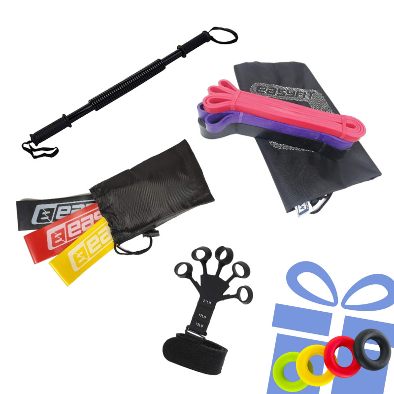 Набір для тренувань "Залізна хватка PRO 5в1". Склад набору: гумові кільця (3в1), гумові петлі (3в1), еспандер для пальців, силовий пружинний еспандер + кистьовий еспандер в асортименті у подарунок