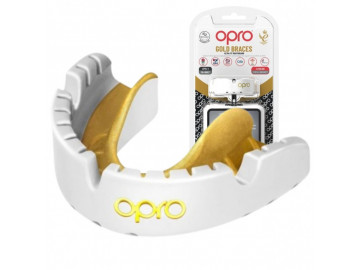 Капа OPRO Gold Braces під брекети, Доросла (вік 11+) White/Gold, Посадка: кип’ятіння та компресійна клітка, Медичний полімер, Гель Hi-Flow, Біло-золотий