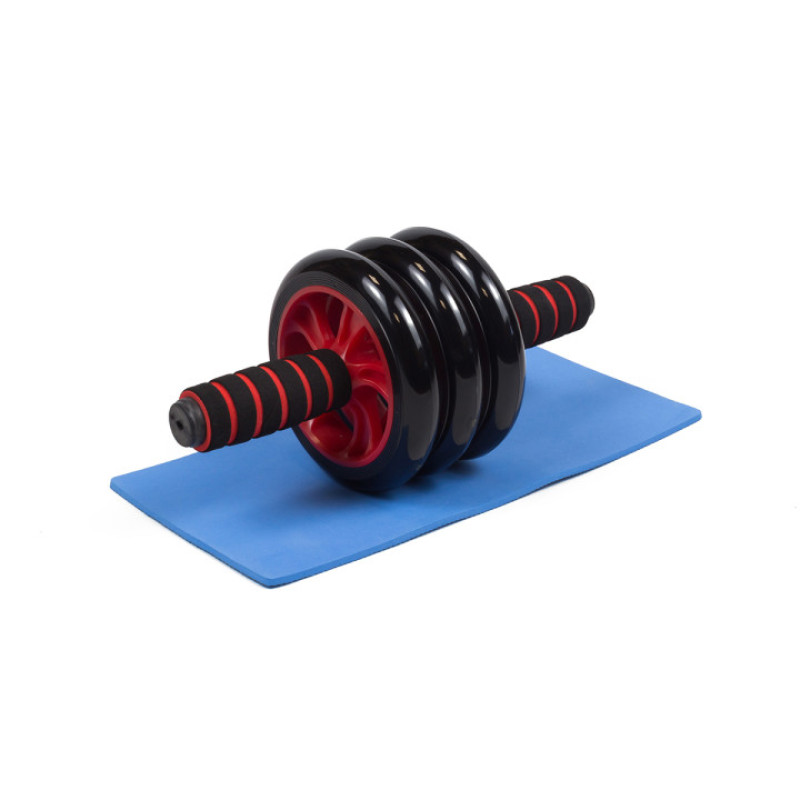 Ролик для пресса тройной EasyFit с ковриком, Диаметр 14 см, Ширина 27 см, Сталь, Пластик, Неопрен, Красный 