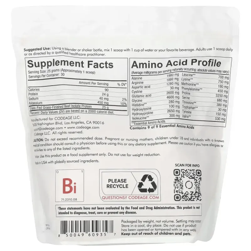 Codeage, протеїновий порошок із яловичого ізоляту, без смакових добавок, 750 г (1,65 фунта)