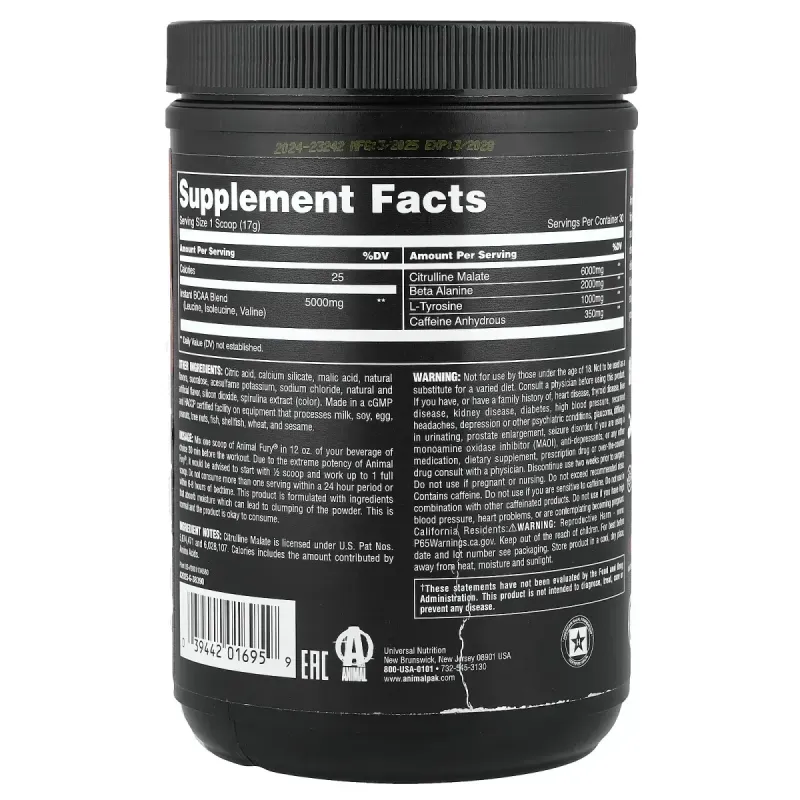 Animal, Fury® Essentials, Pre Workout, Kiwi Lime, 17.98 oz (510 g)Animal Fury® Essentials Предтренировочный комплекс