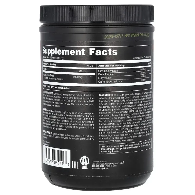 Animal, Fury® Essentials, перед тренуванням, блакитна малина, 495 г (1,09 фунта)